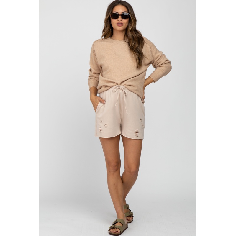Taupe Distressed Drawstring Maternity Lounge Shorts