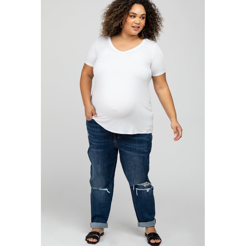 White V-Neck Short Sleeve Maternity Plus Top
