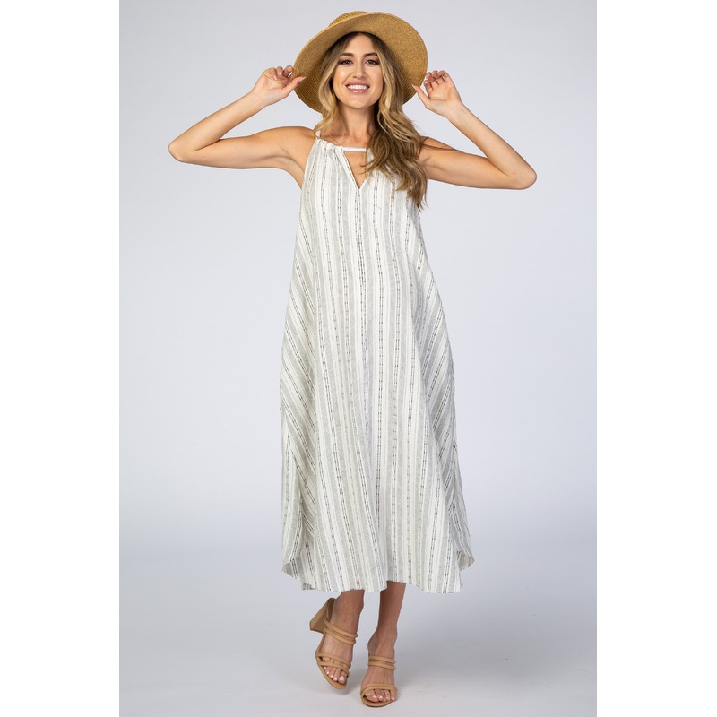 White Vertical Striped Sleeveless High Neck Maternity Maxi Dress