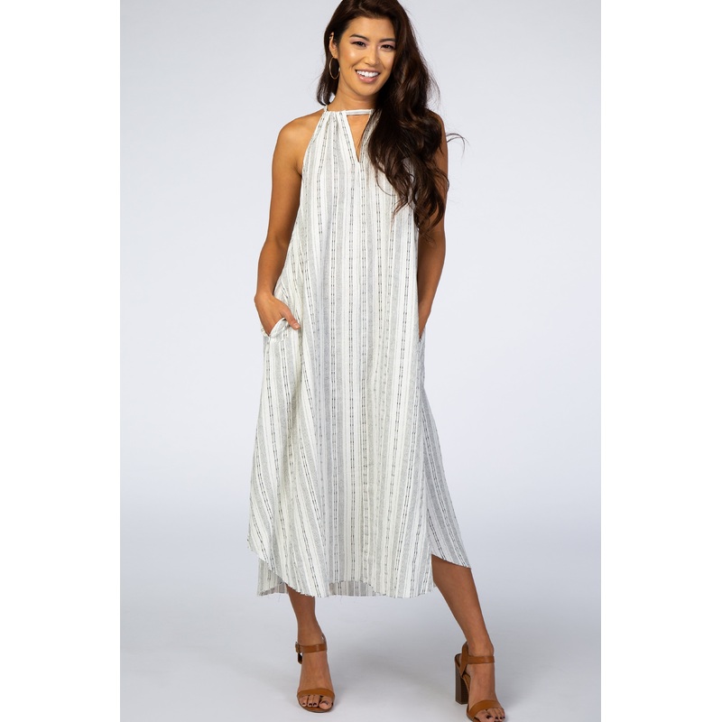 White Vertical Striped Sleeveless High Neck Maxi Dress