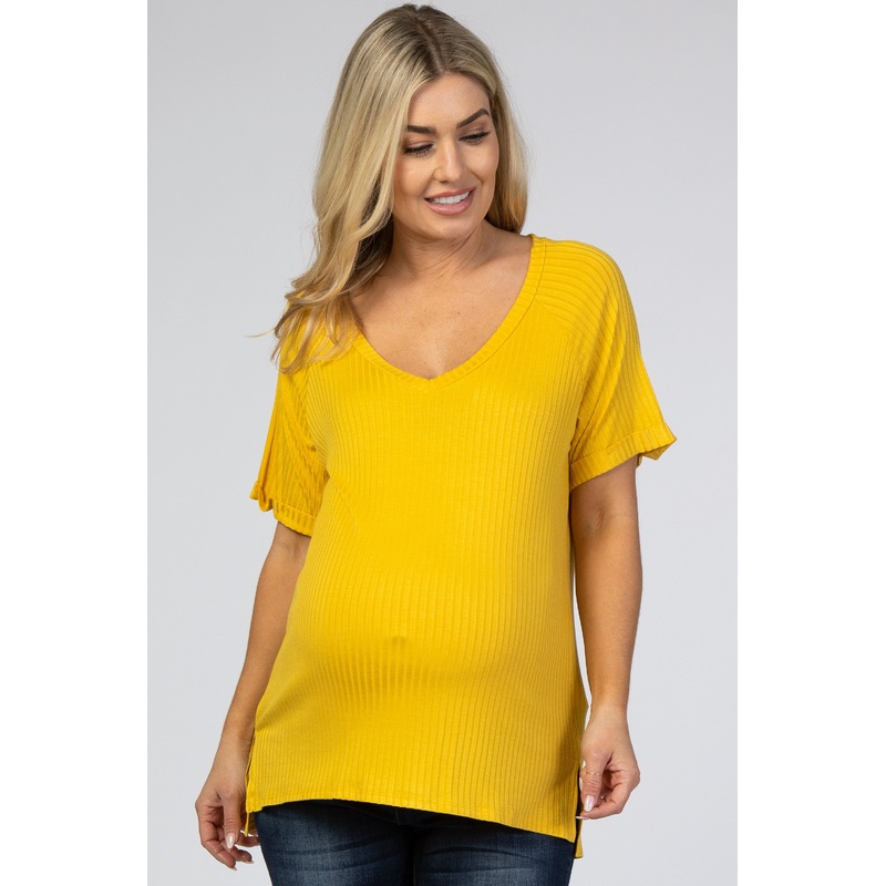 Yellow Ribbed V-Neck Hi-Low Maternity Top