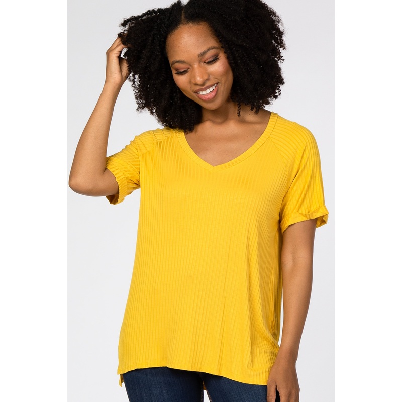 Yellow Ribbed V-Neck Hi-Low Top