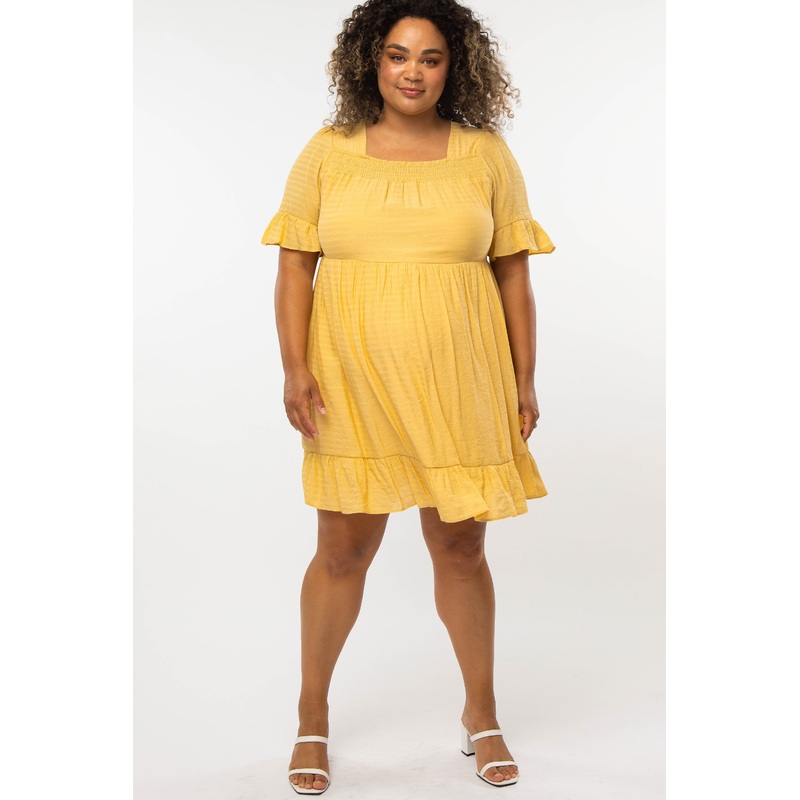 Yellow Square Smocked Neck Ruffle Hem Maternity Plus Dress