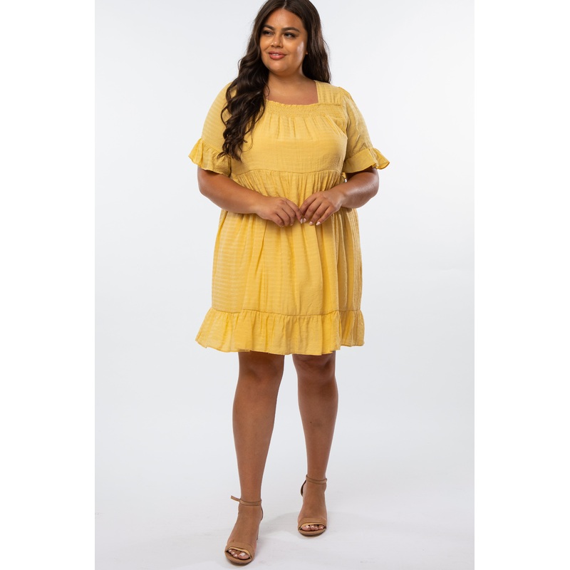 Yellow Square Smocked Neck Ruffle Hem Plus Dress