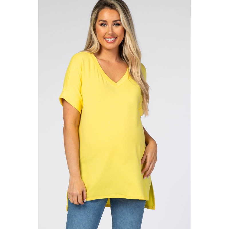 Yellow V-Neck Cuffed Short Sleeve Maternity Top