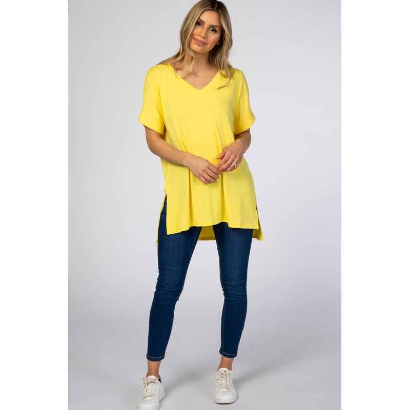 Yellow V-Neck Cuffed Short Sleeve Top