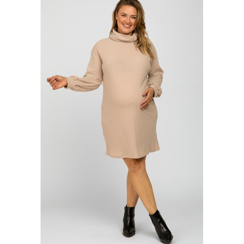 Beige Brushed Rib Turtleneck Maternity Plus Dress