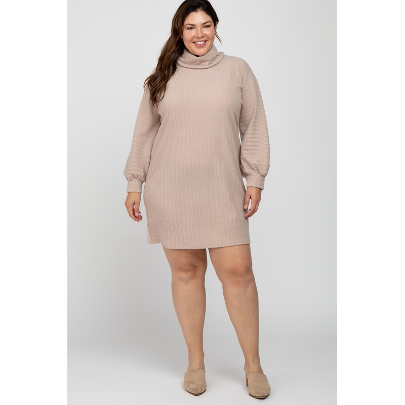 Beige Brushed Rib Turtleneck Plus Dress