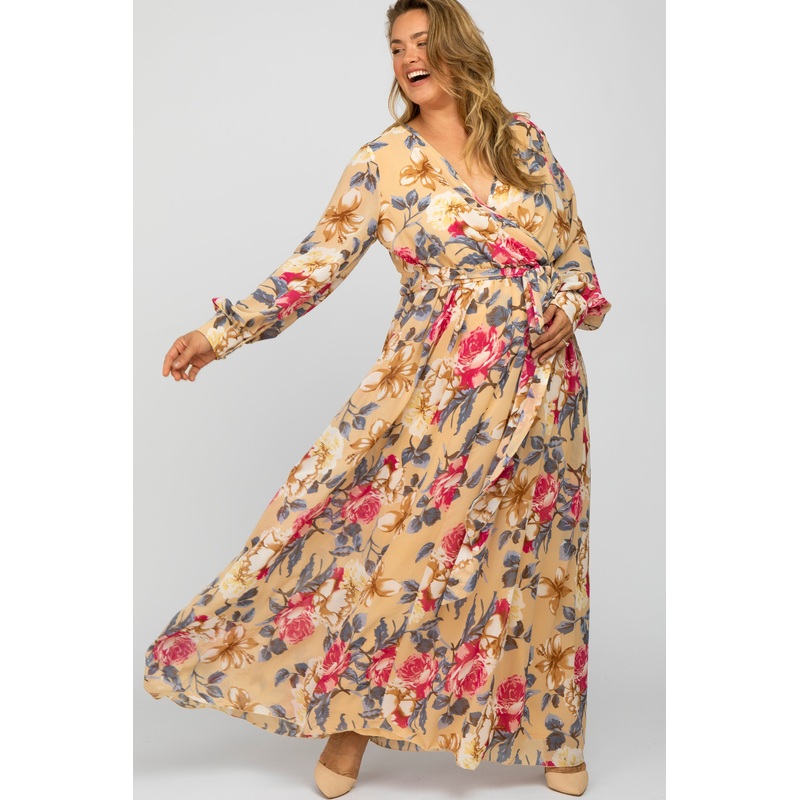Beige Floral Chiffon Maternity Plus Maxi Dress