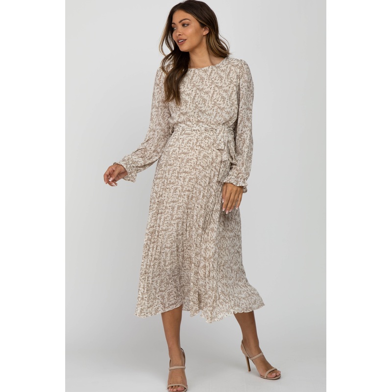 Beige Floral Chiffon Pleated Self Tie Maternity Midi Dress