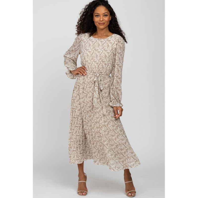 Beige Floral Chiffon Pleated Self Tie Midi Dress