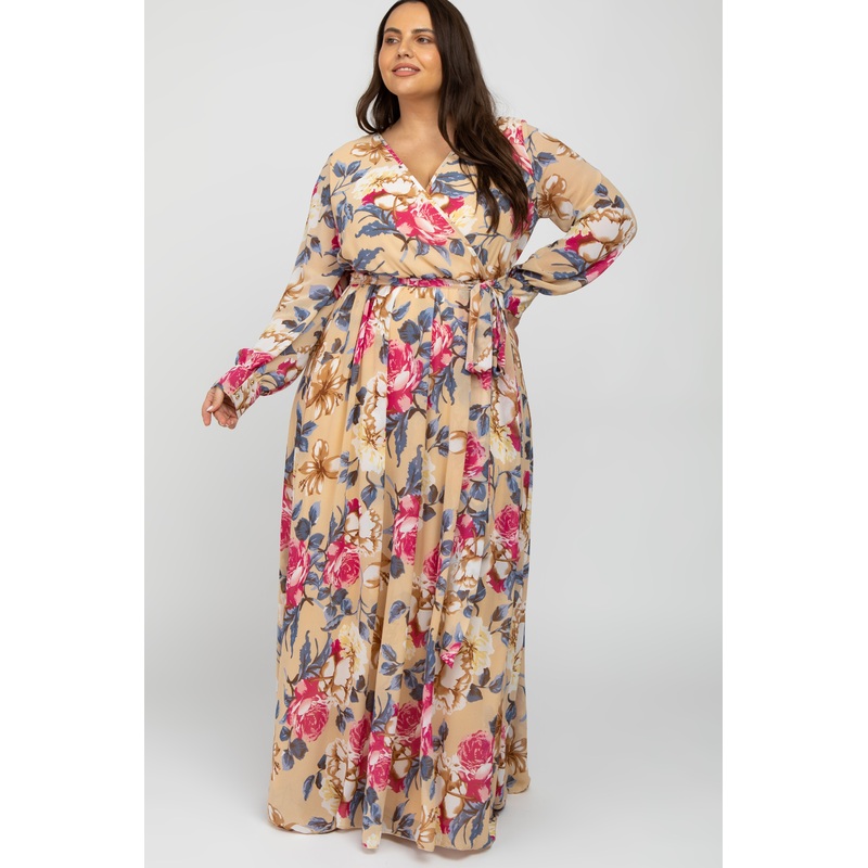 Beige Floral Chiffon Plus Maxi Dress