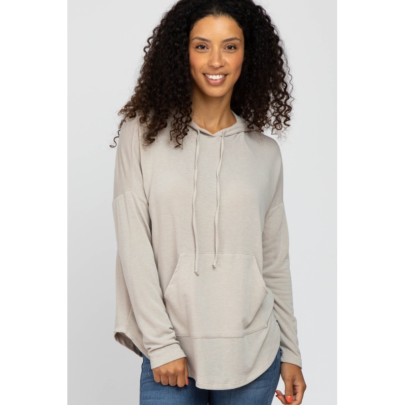 Beige Front Pocket Hooded Long Sleeve Top
