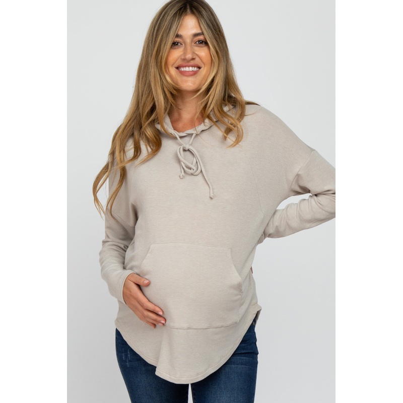 Beige Front Pocket Maternity Hooded Long Sleeve Top