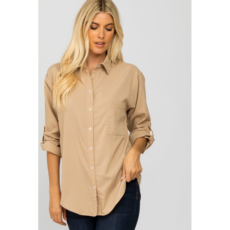 Beige Hi Low Button Up Collared Top