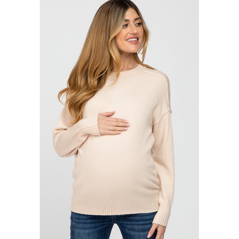 Beige Mock Neck Exposed Seam Maternity Sweater