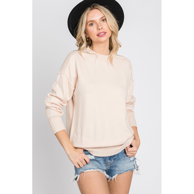 Beige Mock Neck Exposed Seam Sweater