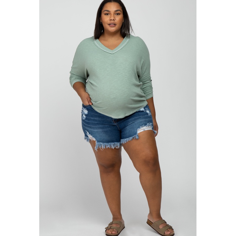 Blue Distressed Fringe Hem Maternity Plus Denim Shorts