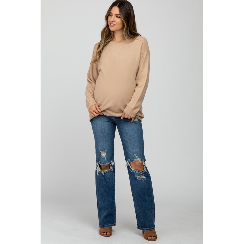 Navy Blue Distressed Ripped Knee Straight Maternity Jeans