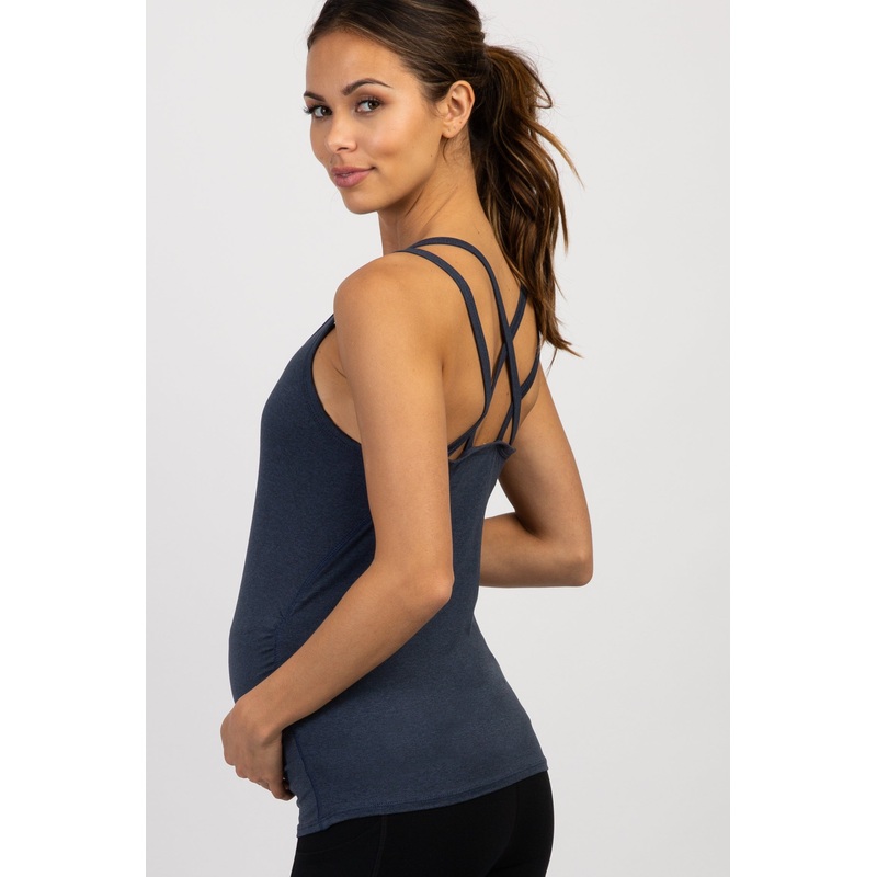 PinkBlush Navy Blue Crisscross Back Fitted Maternity Active Top