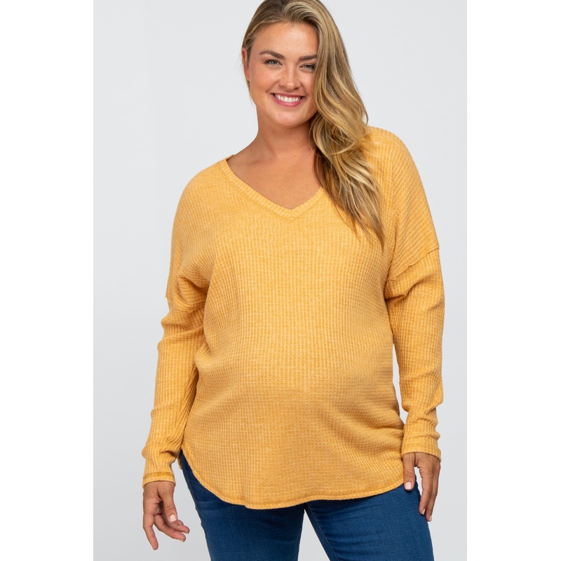 Yellow Waffle Knit Long Sleeve Maternity Plus Top