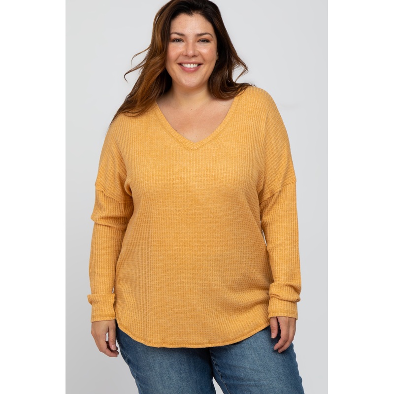 Yellow Waffle Knit Long Sleeve Plus Top