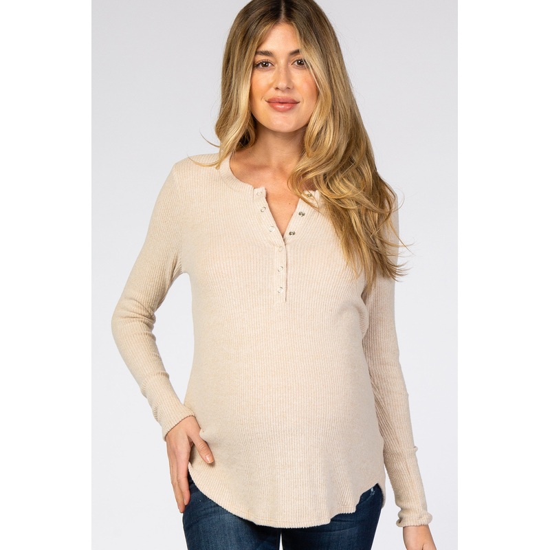 Beige Brushed Knit Ribbed Maternity Top