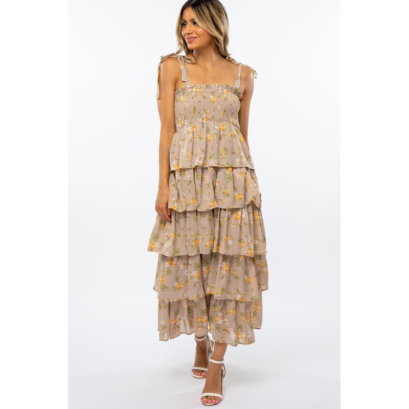 Beige Floral Smocked Ruffle Layered Shoulder Tie Midi Dress