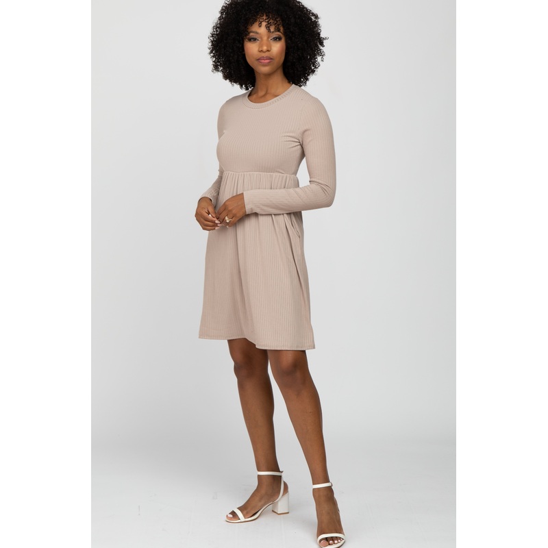 Beige Ribbed Knit Long Sleeve Dress