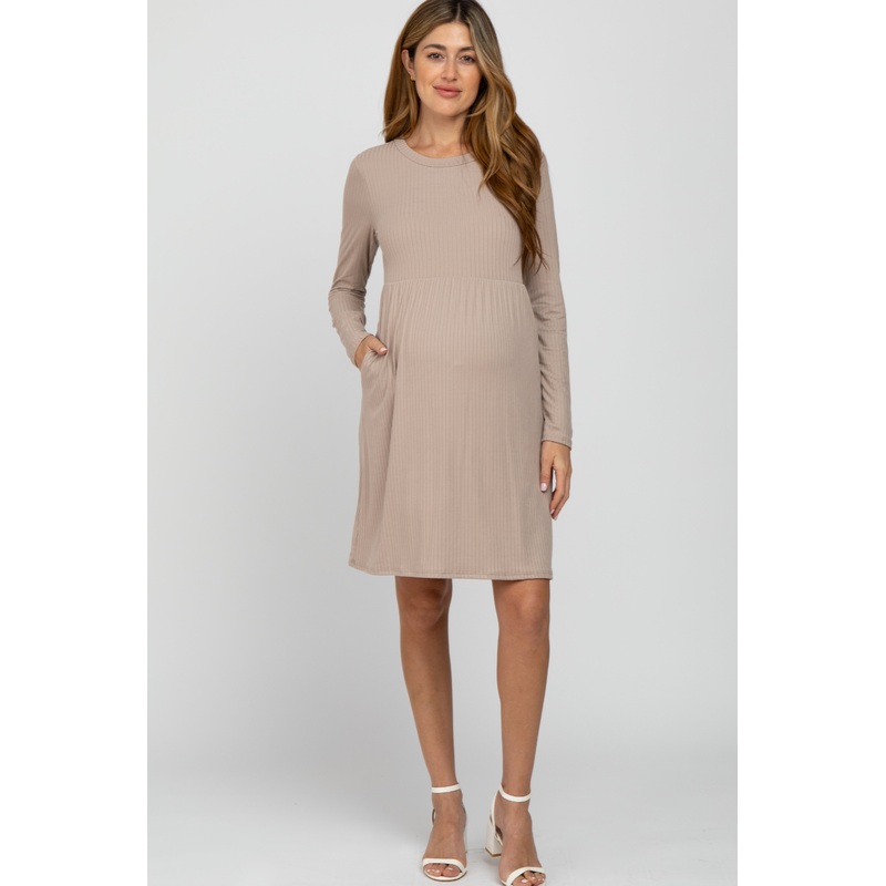 Beige Ribbed Knit Long Sleeve Maternity Dress