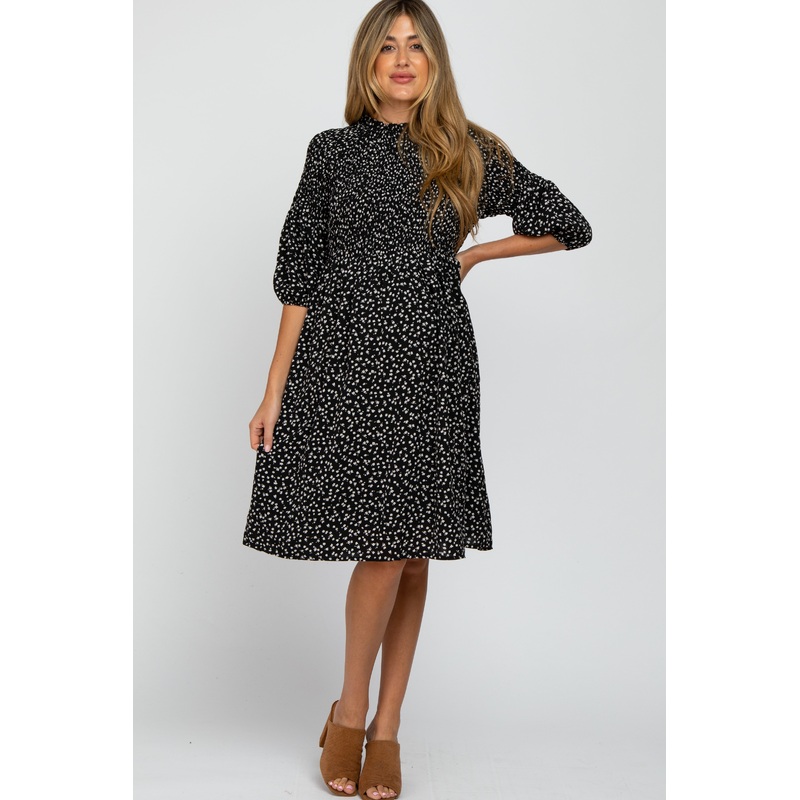 Black Ditsy Floral Smocked Maternity Dress
