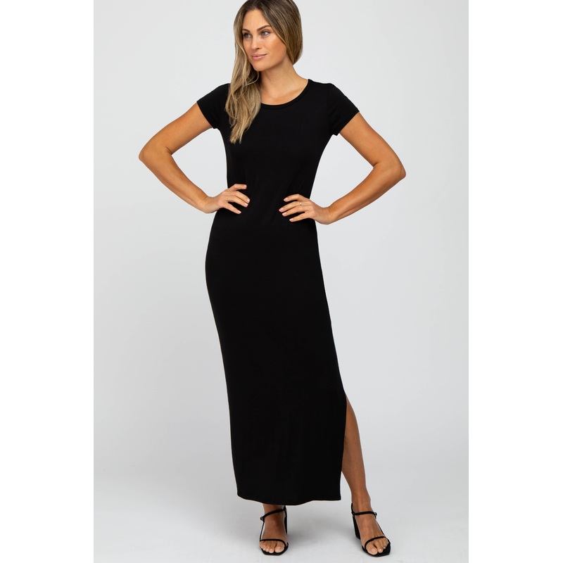 Black Short Sleeve Side Slit Maxi Dress