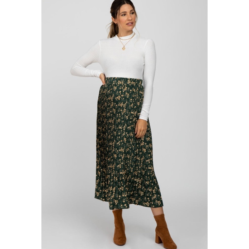 Forest Green Floral Pleated Maternity Skirt