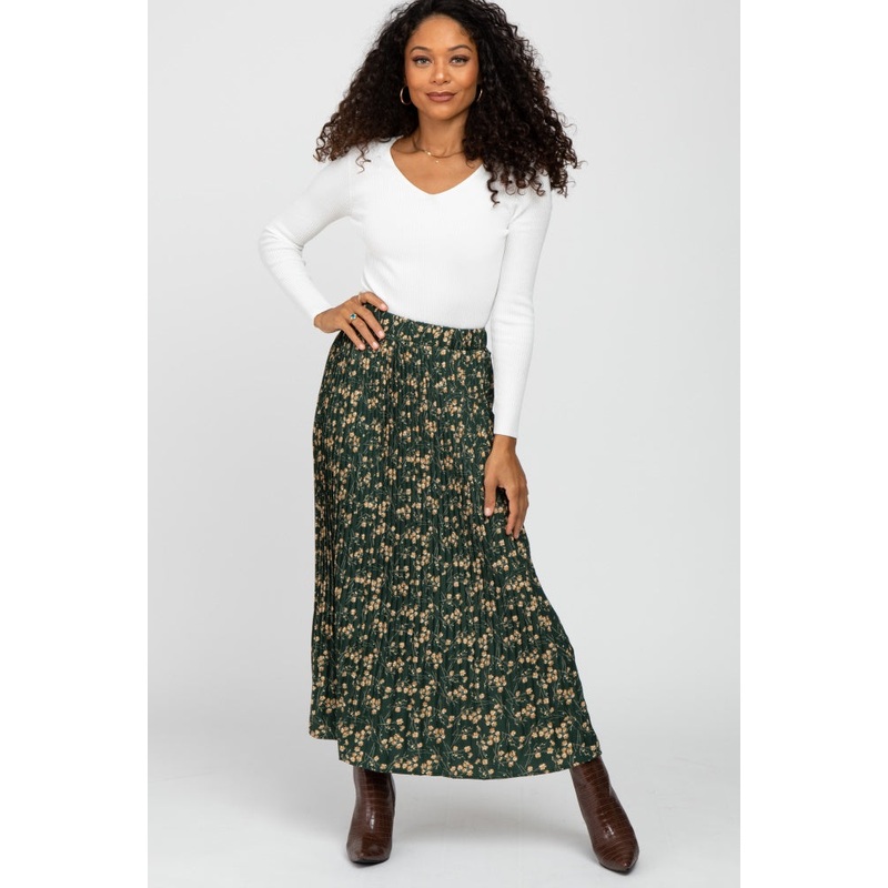 Forest Green Floral Pleated Skirt