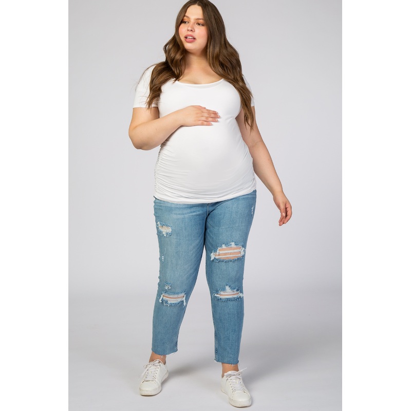 Light Wash Distressed Cropped Plus Maternity Jeans