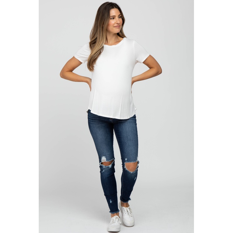 Navy Distressed Fringe Hem Maternity Jeans