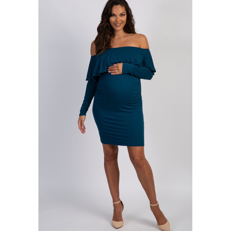Teal Ruffle Trim Off Shoulder Fitted Maternity Dress
