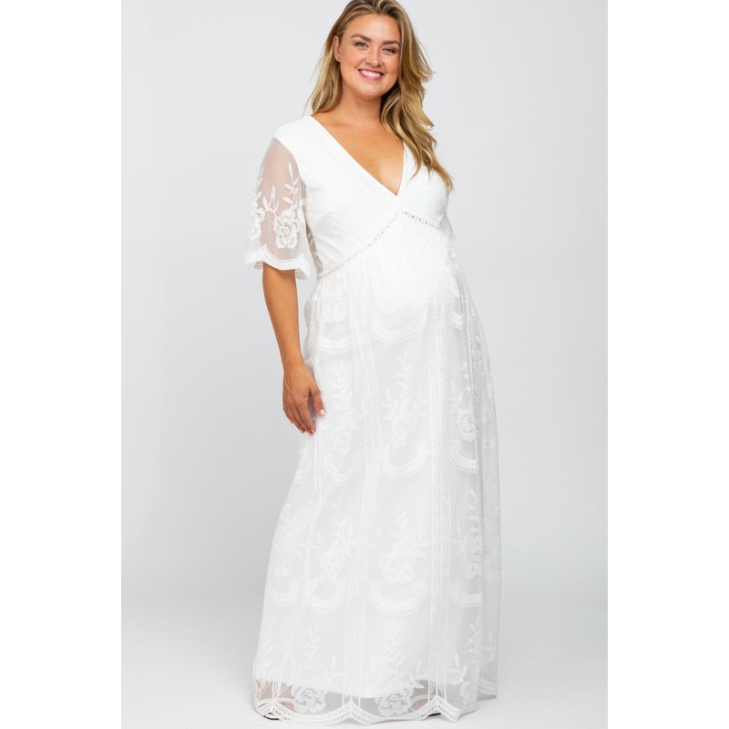 White Lace Mesh Overlay Maternity Plus Maxi Dress