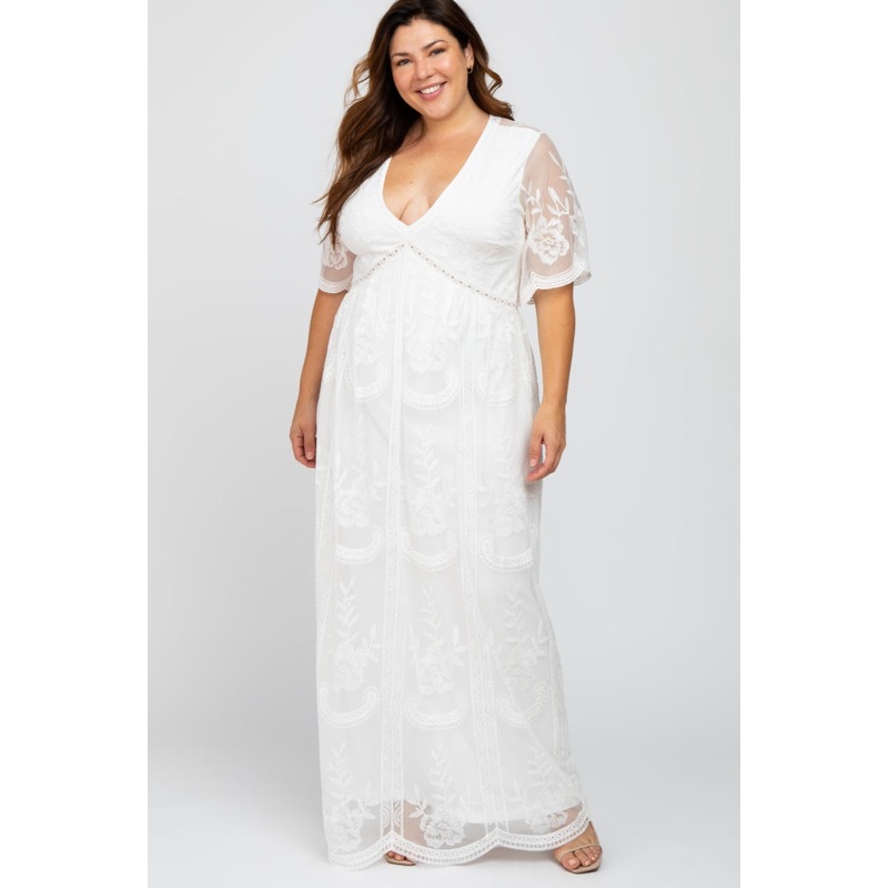 White Lace Mesh Overlay Plus Maxi Dress
