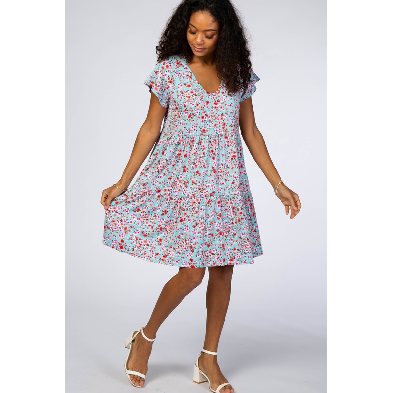 Aqua Floral Pleated Tier Babydoll Dress