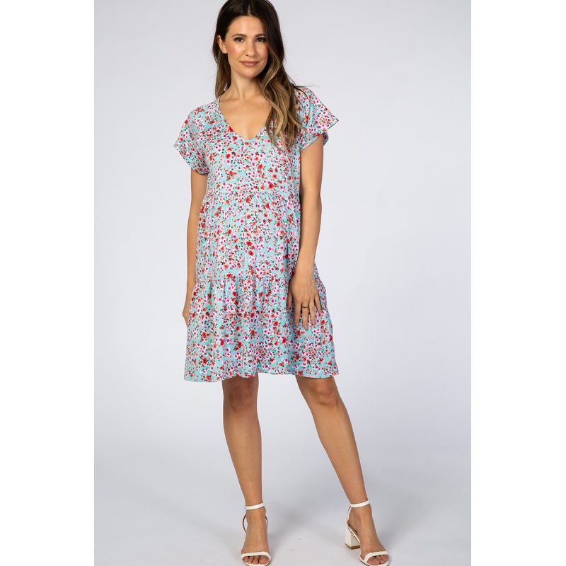 Aqua Floral Pleated Tier Babydoll Maternity Dress