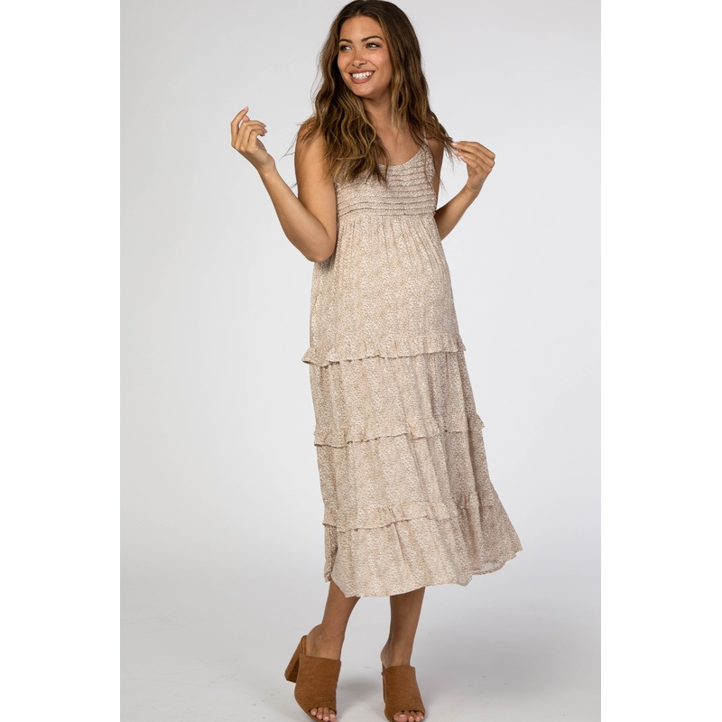 Beige Floral Ruffle Tiered Maternity Midi Dress