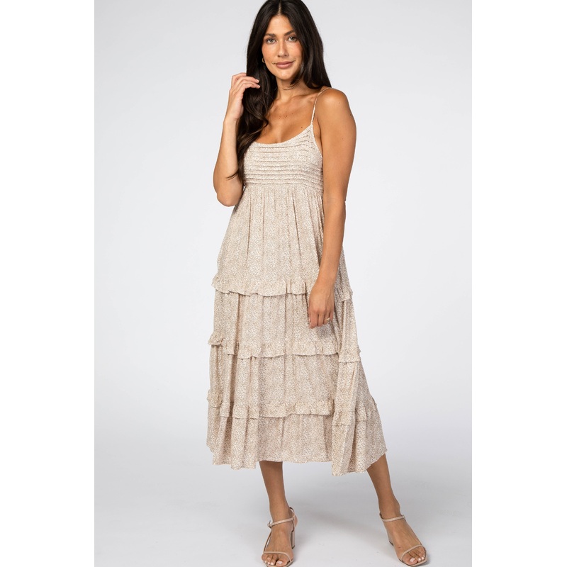 Beige Floral Ruffle Tiered Midi Dress