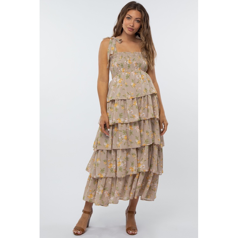 Beige Floral Smocked Ruffle Layered Shoulder Tie Maternity Midi Dress