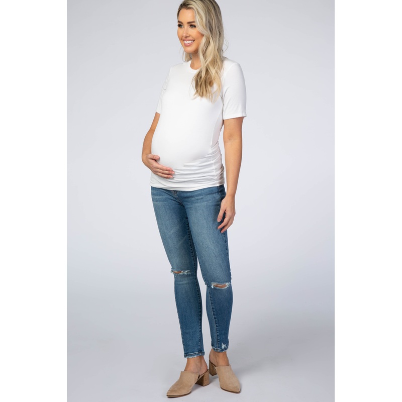 Blue Distressed Knee Crop Maternity Jeans