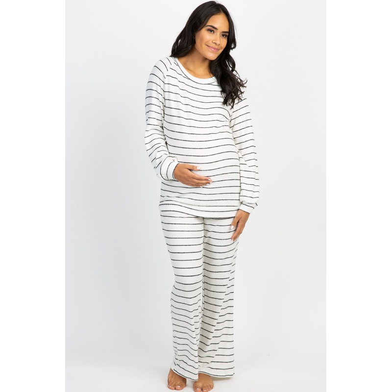 Ivory Striped Soft Long Sleeve Maternity Pajama Set