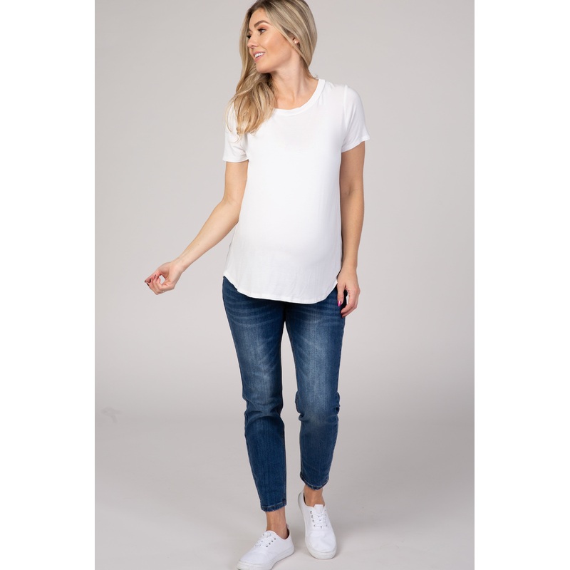 Navy Blue Medium Wash Cropped Skinny Maternity Jeans