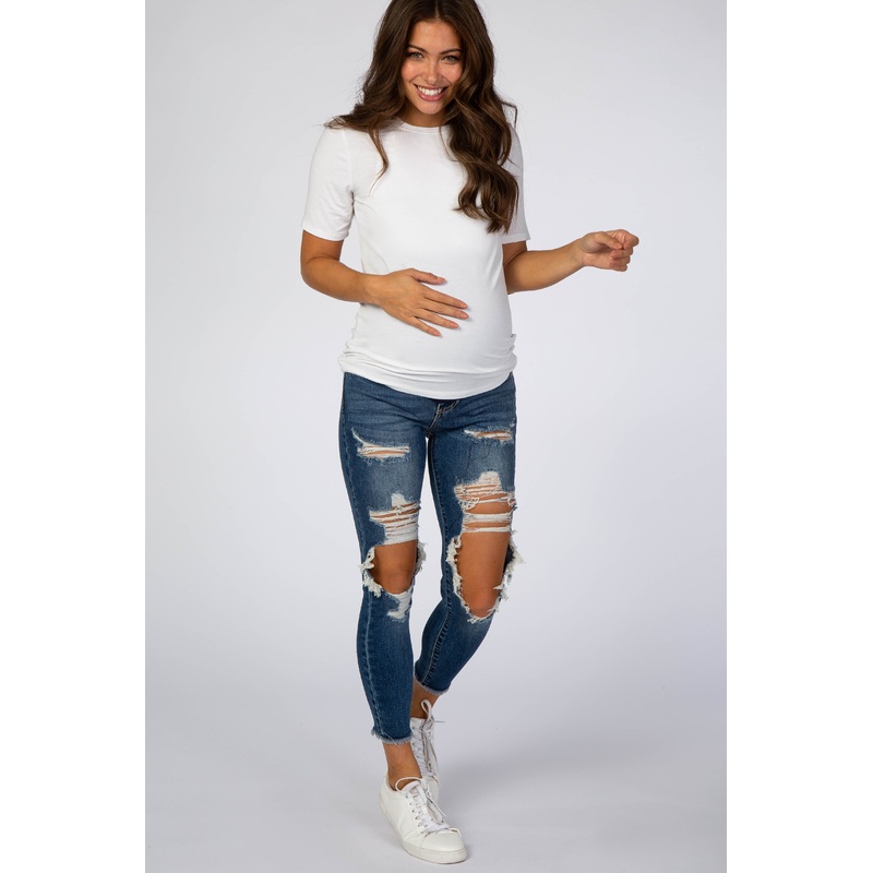 Navy Blue Ripped Knee Distressed Crop Maternity Jeans
