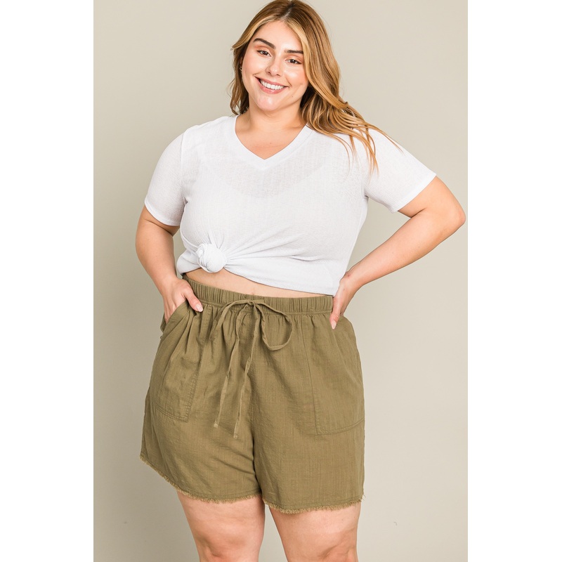 Olive Linen Fringe Hem Drawstring Plus Shorts