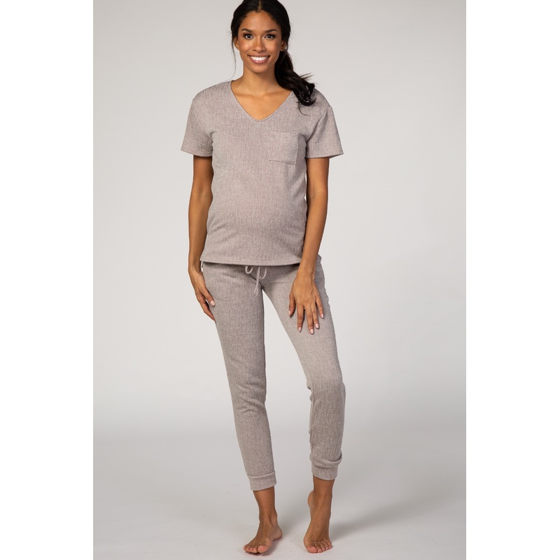 PinkBlush Beige Knit Short Sleeve Maternity Pajama Set